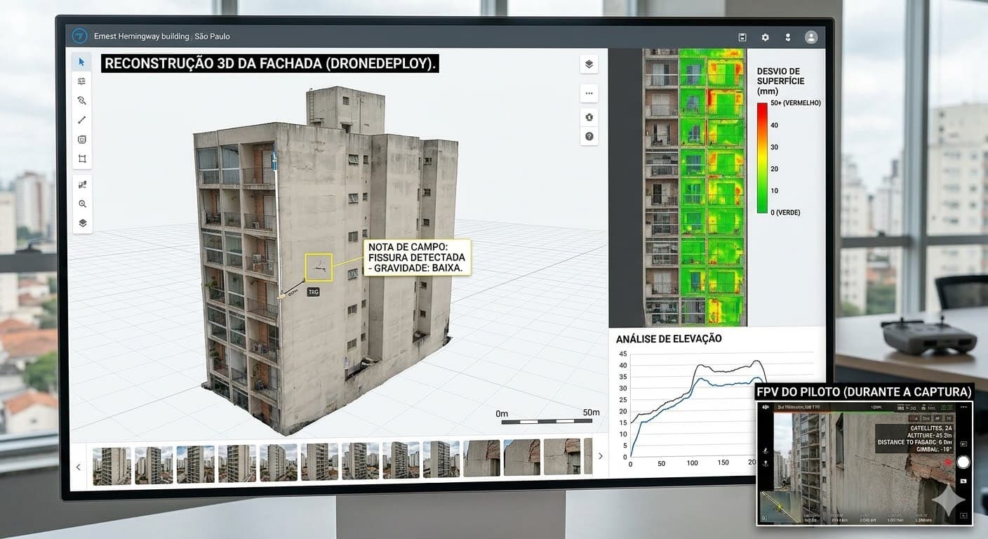 Software DroneDeploy mostrando reconstrução 3D de fachada com análise de desvio de superfície e mapa de calor
