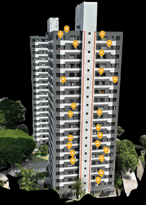 Edifício mapeado em 3D com pontos de anomalias georreferenciados