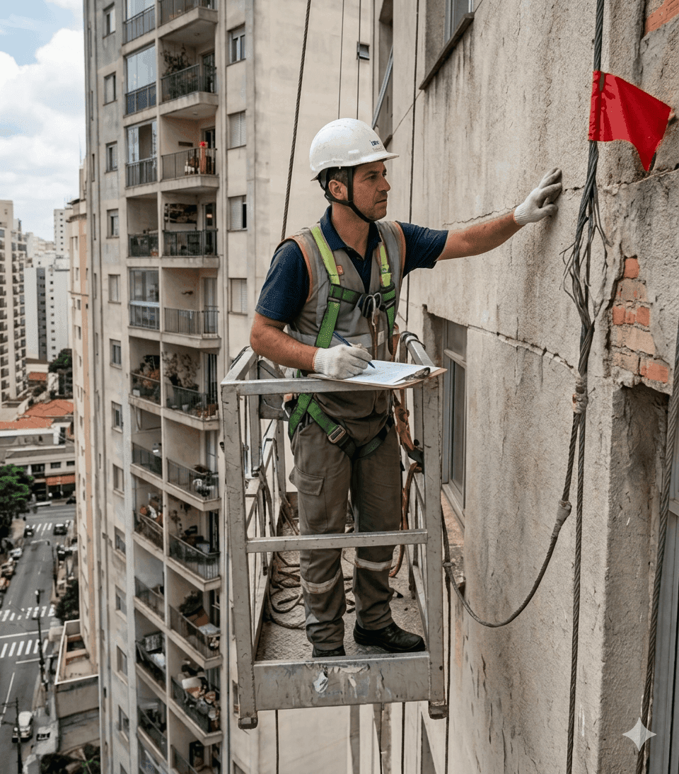 Inspeção tradicional de fachada com trabalhador em balancim - método com risco
